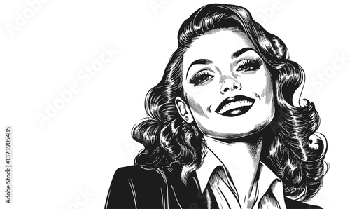 Vintage glamour woman portrait with elegant hairstyle and smile, flat icons set vector.