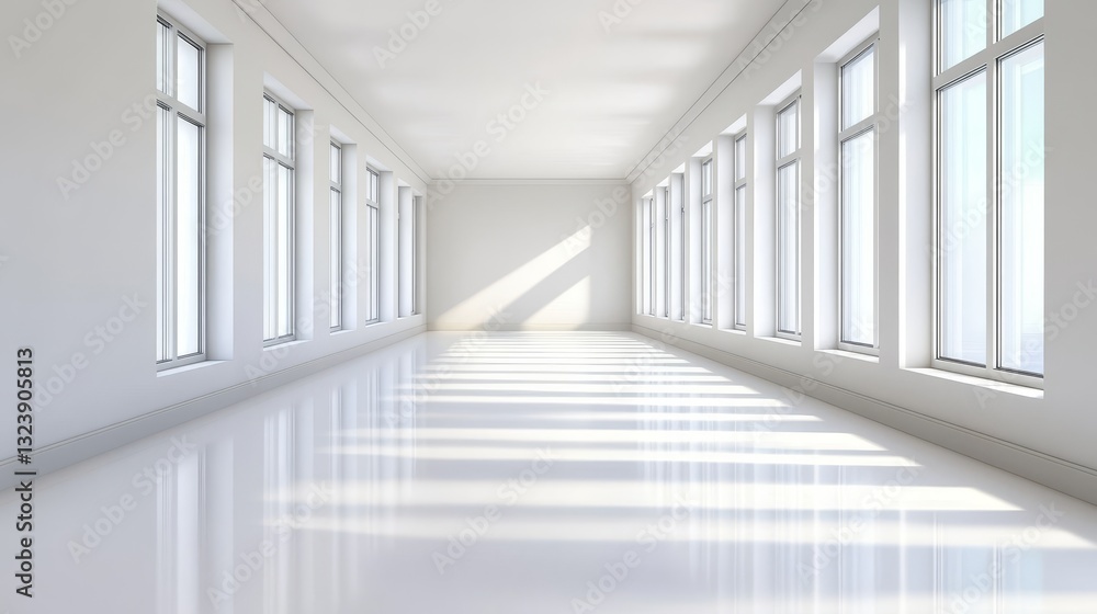 Obraz premium Bright, spacious interior of a modern room with large windows casting shadows on the floor