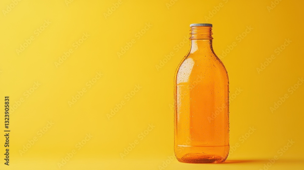 A translucent orange bottle, its contents shimmering like liquid gold, stood proudly on a vivid yellow backdrop, a splash of vibrant color against the neutral canvas. A translucent orange bottle, its contents shimmering like liquid gold, stood proudly on a vivid yellow backdrop, a splash of vibrant color against the neutral canvas.