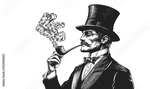 Victorian gentleman smoking pipe, top hat, bow tie - linear style icons set vector.