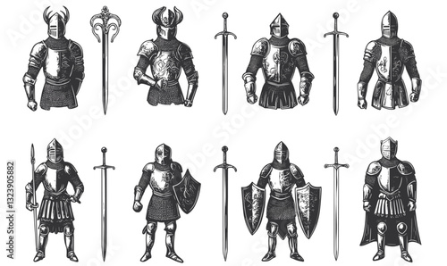 Medieval knights and swords icons set - armor and weapons art style vector, linear.