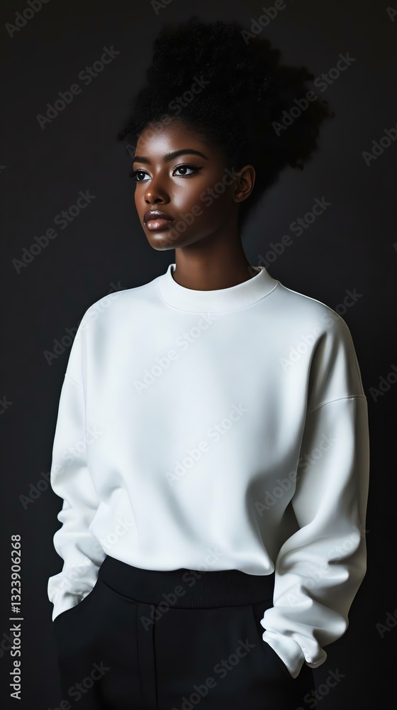 Obraz premium A striking portrait of a woman in a white sweatshirt against a dark background, showcasing beauty, confidence, and modern fashion style.