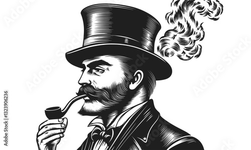 Vintage gentleman smoking pipe in top hat - retro male profile vector, linear icons set.