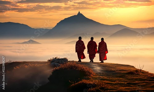 Tibetan monks are walking in high mountains at sunset	
