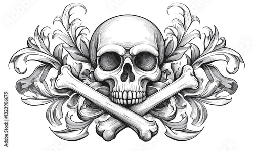 Skull with crossbones and flourishes vector, linear style icons set.
