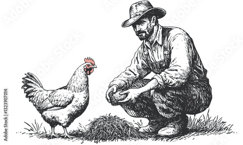 Farmer feeding chicken in field - linear vector icons set.