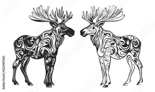 Two ornate moose with decorative patterns facing each other, linear icons set, vector.