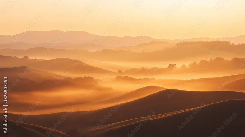 Obraz premium Serene Golden Sunrise Over Rolling Hills and Misty Landscape