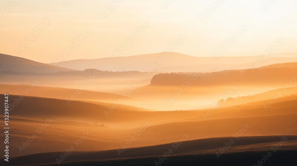 Obraz premium Serene Sunrise Over Rolling Hills and Misty Landscape at Dawn