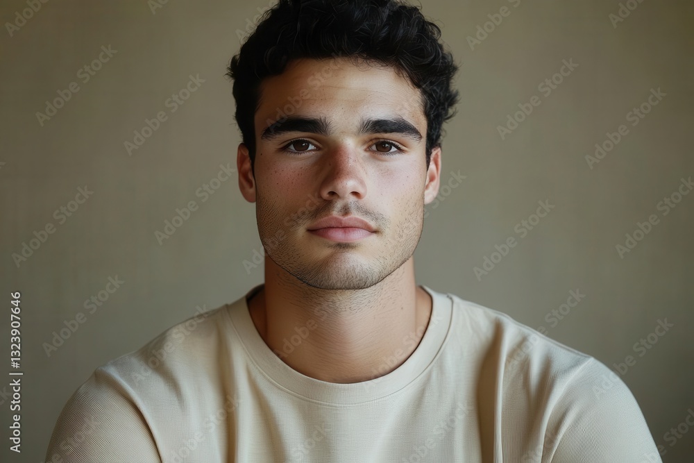 Obraz premium close-up portrait of a thoughtful young man in a minimalist setting, wearing a soft beige t-shirt against a neutral background, with natural lighting highlighting facial features and fabric texture