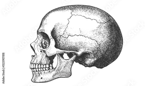 Detailed human skull side view, anatomy illustration, vector, linear style.