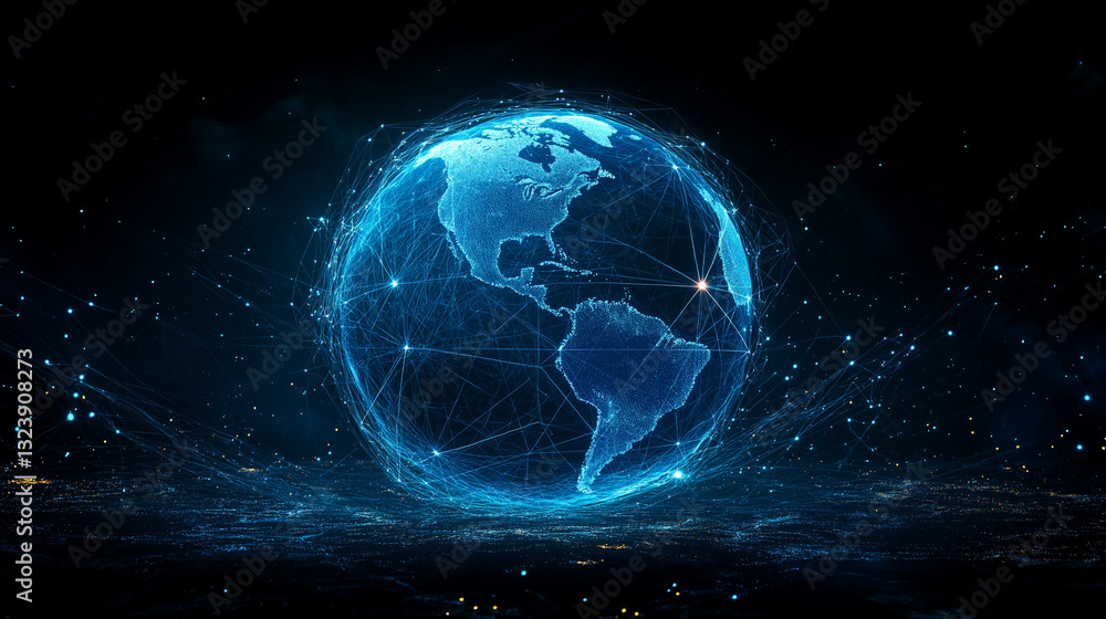Obraz premium Abstract 3D globe with glowing connection lines, symbolizing global connectivity and digital networks.
