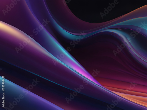  Abstract fluid holographic iridescent purple curved wave in dark background 3d render. Gradient design element for backgrounds, wallpapers, posters and covers.