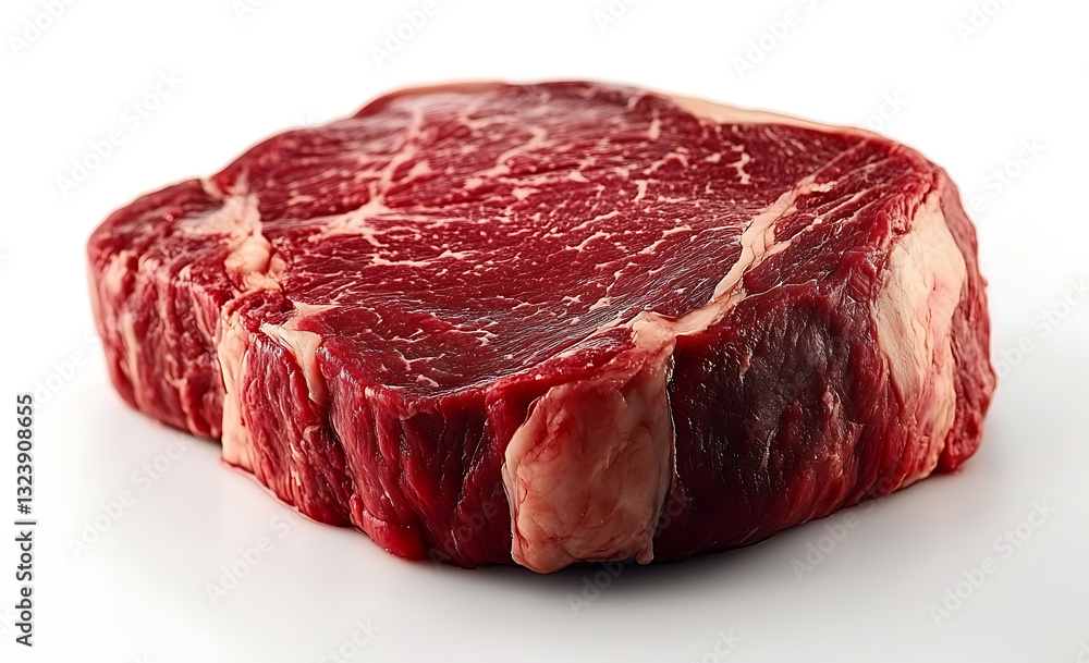 Fresh raw beef steak on a white background with a visible cut of meat Fresh raw beef steak on a white background with a visible cut of meat