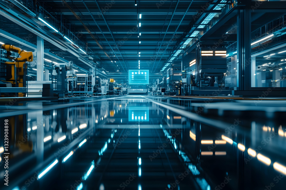 Futuristic automated factory interior with advanced machinery and robotics Futuristic automated factory interior with advanced machinery and robotics