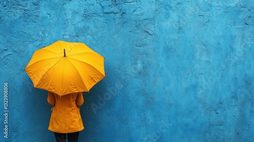 A yellow umbrella, its brim casting a cheerful shade, and a tiny raincoat, perched on a blue wall, offering a touch of whimsy to a minimalist scene.