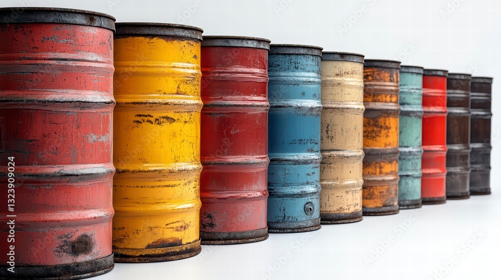 Industry's Colorful Barrels: A row of weathered, colorful barrels stands in perfect formation, highlighting the industrial aesthetic. Industry's Colorful Barrels: A row of weathered, colorful barrels stands in perfect formation, highlighting the industrial aesthetic.