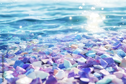 Pastel colored rocks and pebbles on a beach with clear water and glittering sunlight reflecting on the waves, creating a serene and calming atmosphere.