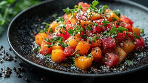 Delicious mango and watermelon salad with sesame seeds and herbs.