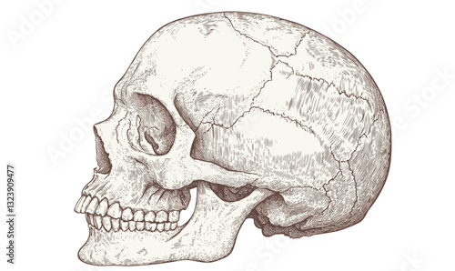 Detailed human skull side view in linear style, icons set, vector.