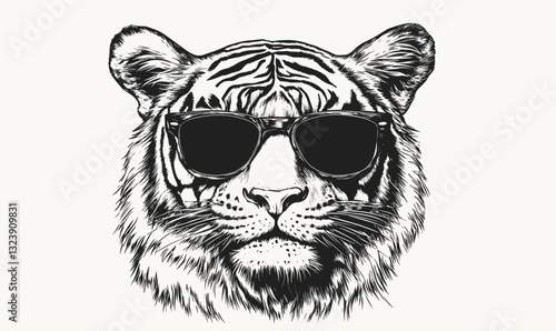 Cool tiger wearing sunglasses - animal portrait, black and white, vector, linear style, icons set.