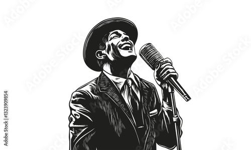 Retro singer with microphone in suit and hat, joyful singing, linear style icons set.