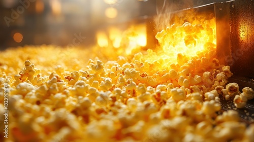 Freshly popped popcorn spilling from a machine