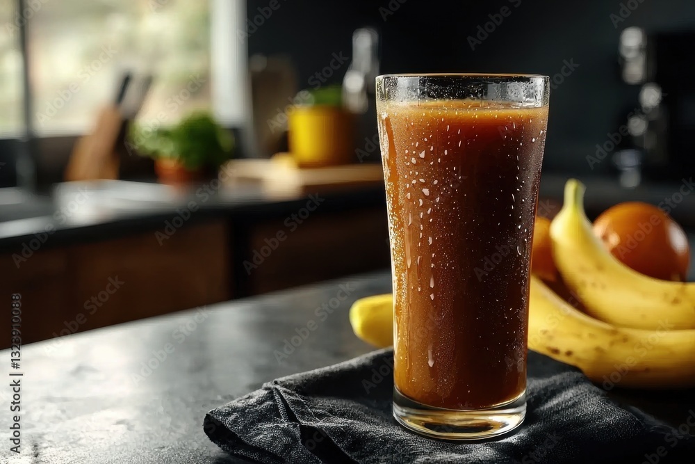 A refreshing brown smoothie in a glass with condensation drops, served on kitchen counter with bananas and oranges, creating a healthy and invigorating lifestyle image. A refreshing brown smoothie in a glass with condensation drops, served on kitchen counter with bananas and oranges, creating a healthy and invigorating lifestyle image.