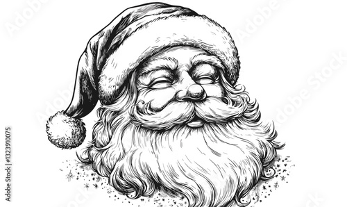 Santa claus merry face with hat detailed design, black and white drawing, linear icons set vector.
