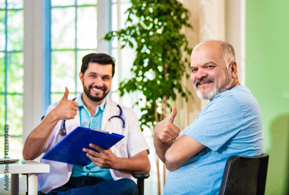 Fototapeta premium Indian Doctor, elderly patient share a thumbs-up in a cozy clinic, celebrating healthcare success