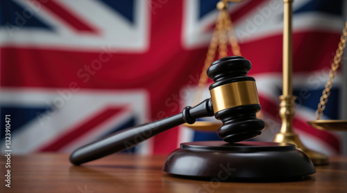 Legal justice system symbolized by gavel, scales, and UK flag
