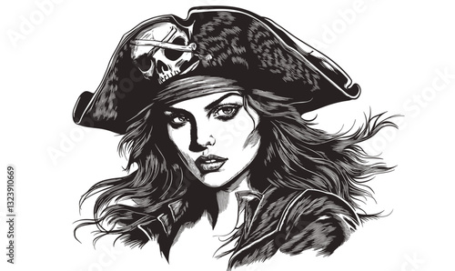 Female pirate portrait with skull hat, hair flowing in wind - vector, linear, icons set.