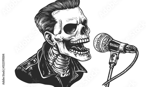 Rockabilly skull singing into microphone, music and tattoo icons set, linear vector.