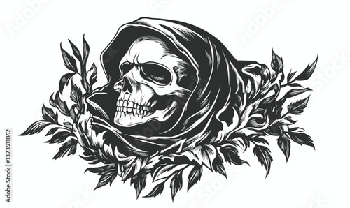 Grim reaper skull with hood and leaves, dark, flat icons set, vector.