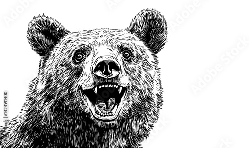 Roaring bear in detailed black and white - vector, linear style, icons set.