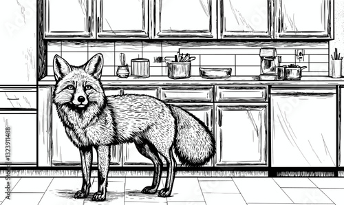 Fox in urban kitchen scene - flat style, icons set, vector.
