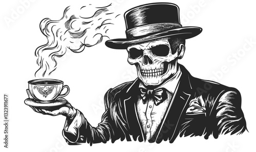 Skull in top hat with smoking teacup, vintage gothic style, vector, linear icons set.
