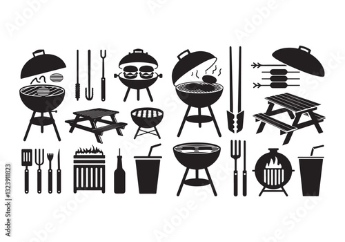 Detailed BBQ Vector: Grills, Picnic Tables Utensils for Barbecue Outdoor Cooking Graphics