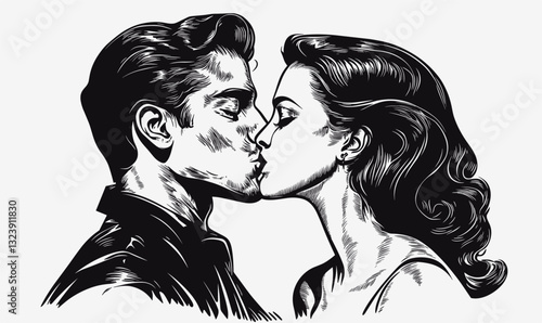 Romantic couple kissing in retro style: flat vector icons set.