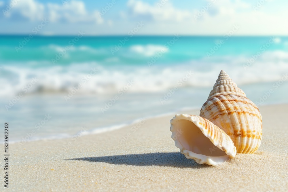 Seashells and starfish on sandy beach shoreline. Artificial Intelligence image Seashells and starfish on sandy beach shoreline. Artificial Intelligence image