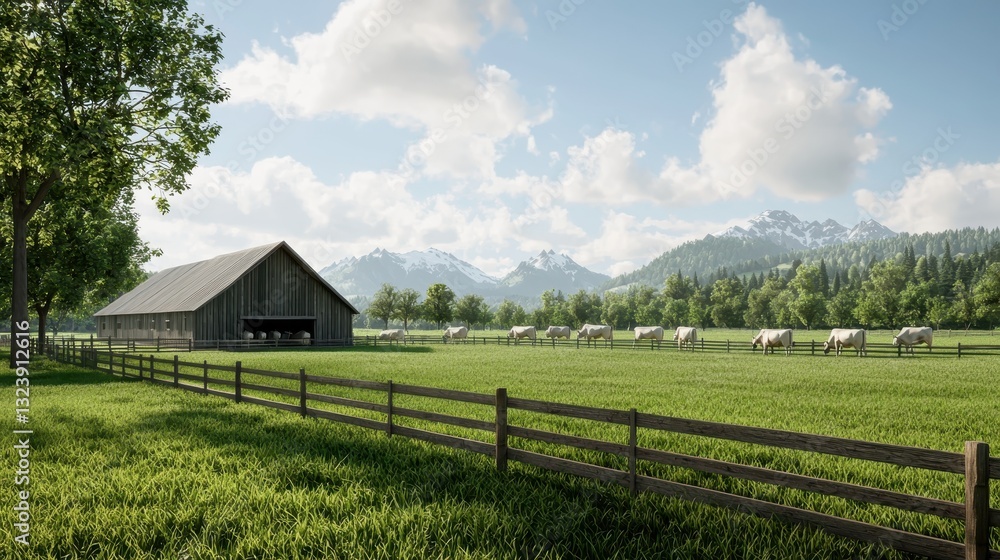 Obraz premium Scenic farm landscape with cows grazing in a green field, a barn, and mountains in the background. Peaceful rural scene.