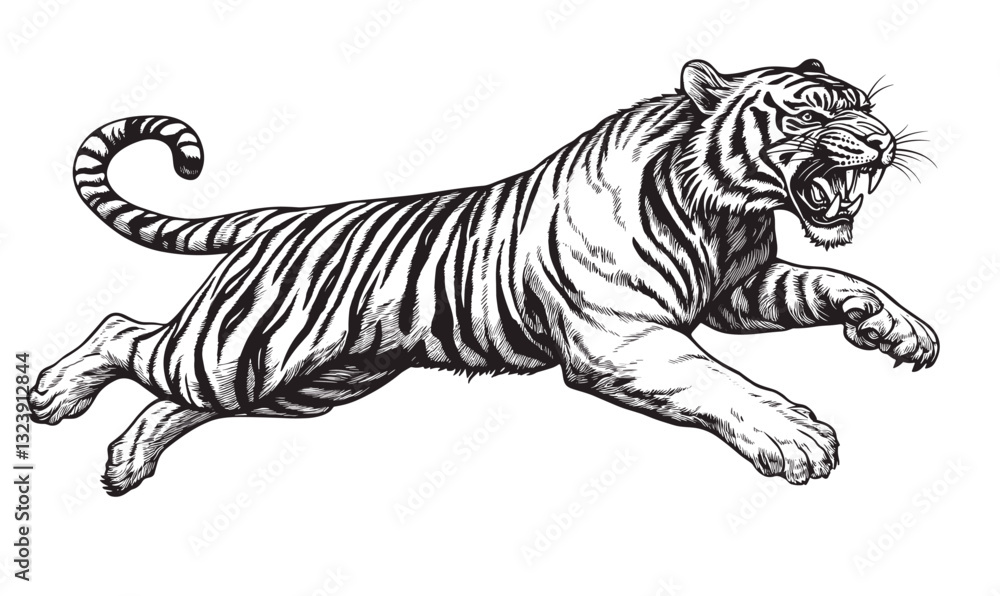 Fototapeta premium Fierce roaring tiger in motion - black and white vector, linear icons set.