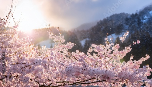 朝日に照らされている雪の日に咲く桜