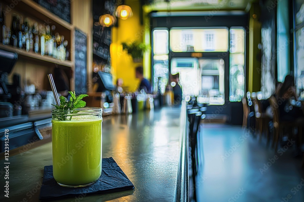 A refreshing green smoothie with mint garnish sits on a bar, blending health and taste in a vibrant cafe setting, providing a healthy and energizing refreshment choice. A refreshing green smoothie with mint garnish sits on a bar, blending health and taste in a vibrant cafe setting, providing a healthy and energizing refreshment choice.