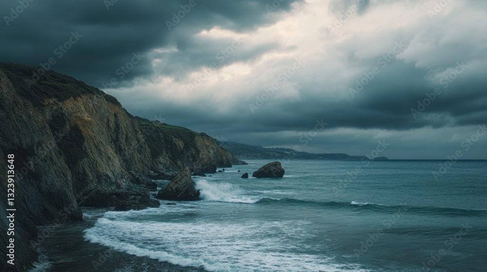 Dramatic Coastal Scene with Dark Clouds Over Choppy Ocean Waters Dramatic Coastal Scene with Dark Clouds Over Choppy Ocean Waters