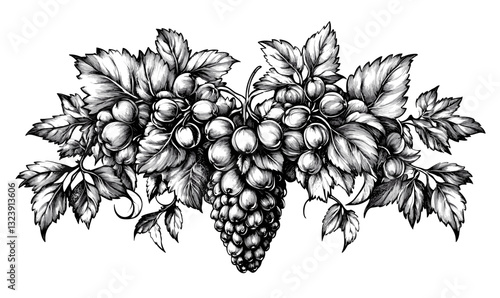 Grape vines and cluster with leaves, monochrome linear style, icons set, vector.