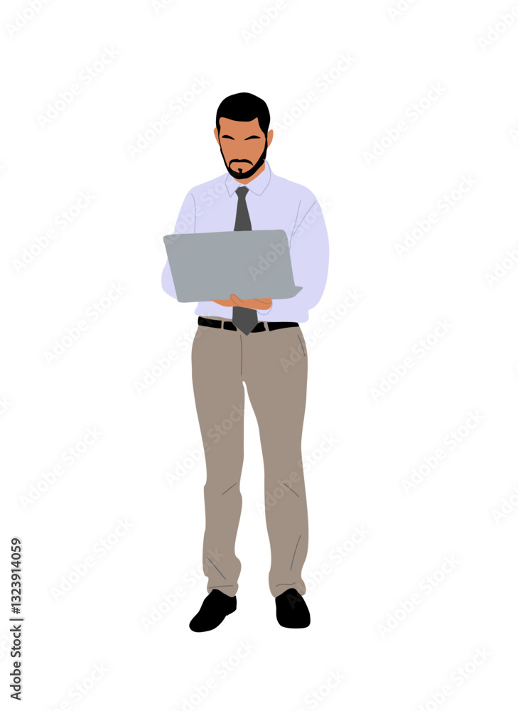 Businessman working at laptop. Handsome man standing in office outfit, shirt and tie, looking at computer. Vector realistic illustration isolated on transparent background. Businessman working at laptop. Handsome man standing in office outfit, shirt and tie, looking at computer. Vector realistic illustration isolated on transparent background.
