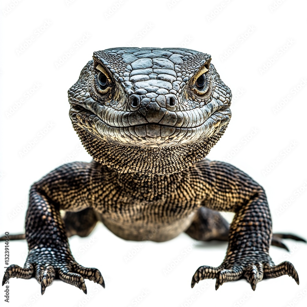 Obraz premium Close-up of a goanna lizard against a white background.
