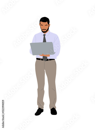 Businessman working at laptop. Handsome man standing in office outfit, shirt and tie, looking at computer. Vector realistic illustration isolated on transparent background.