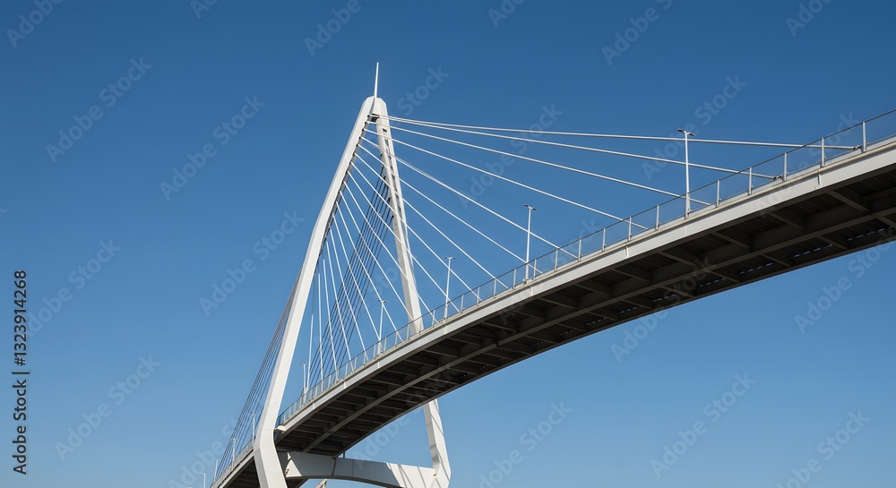 Modern twisting bridge with steel and glass design against blue sky Modern twisting bridge with steel and glass design against blue sky